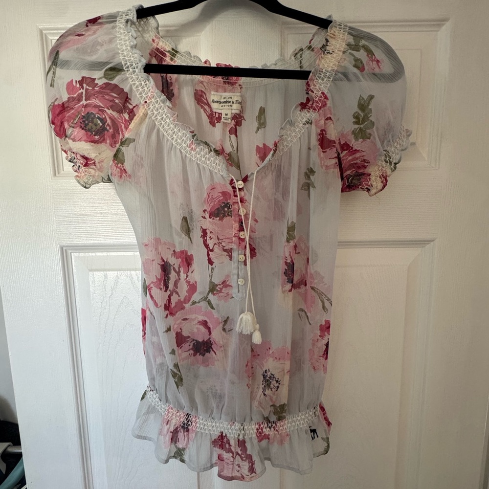Y2K Abercrombie Sheer Floral Peasant Blouse in Pink and Green